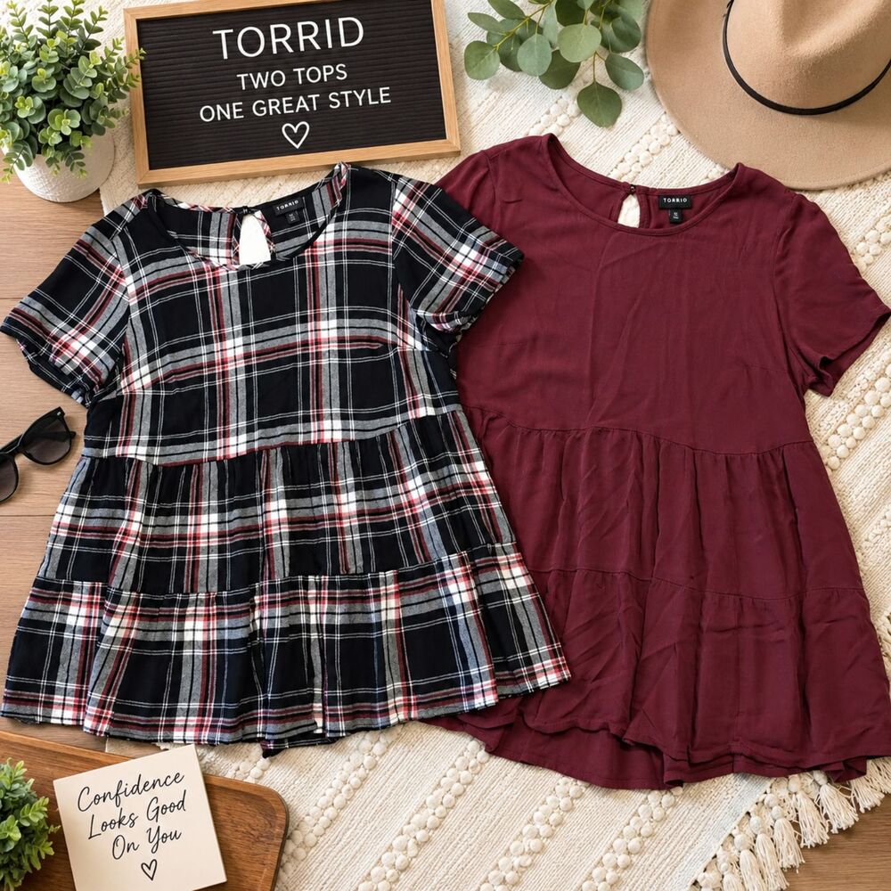 Torrid Womens 00 Tops Lot of 2 Babydoll Plaid Burgundy Short Sleeve Plus Size
